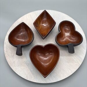 Vintage Mahogany Snack Set Bowl Hand Made Bridge Playing Cards Haiti Heart Spade